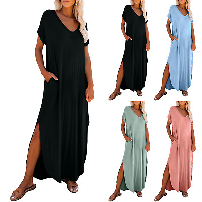 Womens Summer Fashion Long Dress Short Sleeve Casual Loose Split Maxi Beach $25.07