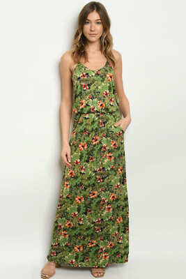 #ad Olive Green Floral Maxi Dress Size Medium Pockets Racerback $29.95