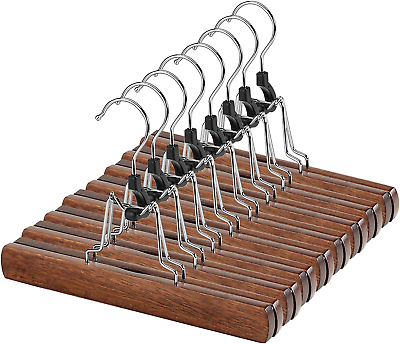 #ad 12 Pack Wooden Pants Hangers with Clips Non Slip Skirt Hangers Walnut Trouser Cl $25.54