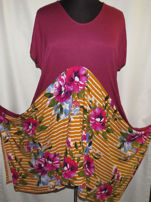#ad Plus Sz 1X 2XMade in USAPlum Mustard Floral Striped Dress Pockets Boho $35.00