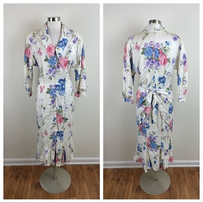 Vintage Moonglow Floral Maxi Dress Long Sleeve Women Size Large White Pink $24.00