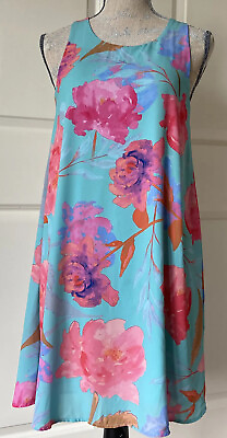 Anthropologie EVERLY Sz S Flouncy Teal Red Floral Dress Lined Sleeveless Dress $21.99