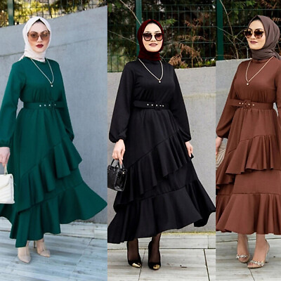 #ad Muslim Women Long Sleeve Maxi Dress Abaya Kaftan Islamic Dubai Arab Caftan Gown $35.10