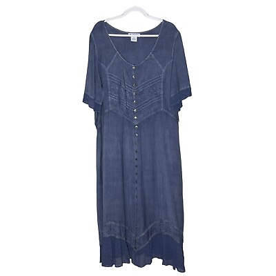 #ad Vintage Sz 3X Bohemian Embroidered Maxi Dress Short Sleeve India Blue NEW $48.99