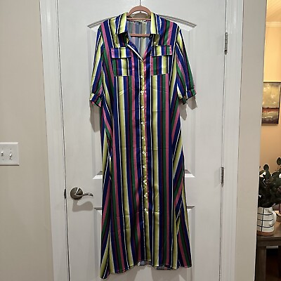 #ad Colorful Striped Maxi Dress Button Closure Chest Pocket Size XL $22.00