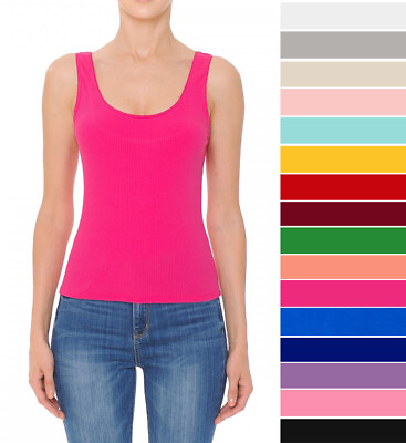 Women#x27;s Scoop Neck Tank Top Stretch Knit Cotton Solids Sleeveless Basic Casual $5.49