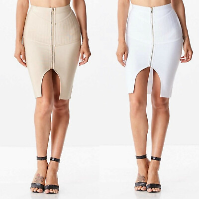 #ad Women#x27;s High Waist Knee Midi Pencil Skirt Front Zipper Skirt Taupe White Sale $14.99