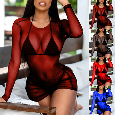 #ad Women Sheer Mesh Bodycon Mini Dress Ladies Sexy Lingerie Beach Cover Up Dresses $16.09