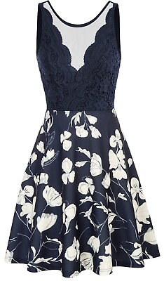 #ad Women’s Sleeveless Lace Mesh Deep V Neck A Line Flared Navy Floral Party Dress $12.00