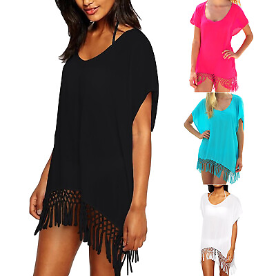 Swim Cover up Girls Beach Cover Up Solid Color Tassel Knotted Chiffon Shirt $16.42