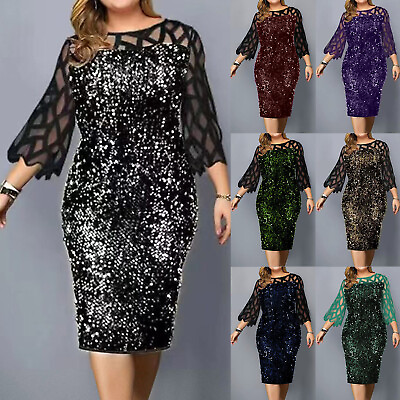 #ad Plus Size Womens Mesh 3 4 Sleeve Cocktail Party Midi Dress Casual Evening Dress $28.66