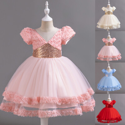 #ad Kids Girl Sequin Flower Princess Dress Short Sleeve Birthday Party Evening Dress $30.39