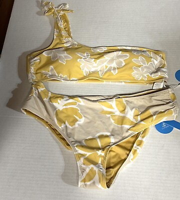 #ad Cupshe Bikini Set NWT XL Adjustable Bathing Suit Yellow White Tan Floral Women $24.90