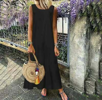 #ad Women Solid Sleeveless Round Neck Casual A Line Maxi Dress Ruffle Loose Sundress $21.29