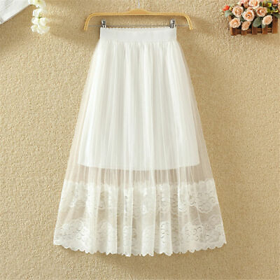 #ad Women Mesh Midi Skirt Floral Lace Tulle A Line High Waist Sweet Fairy Casual New $16.38