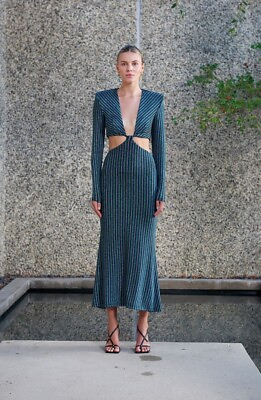 #ad Misha Womens 4 Despina Cutout Long Sleeve Stripe Sparkly Cocktail Dress Midi New $114.75