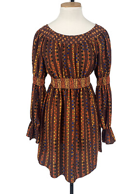 #ad Anna Sui Brown Printed Boho Dress Long Bell Sleeve Medium $22.95