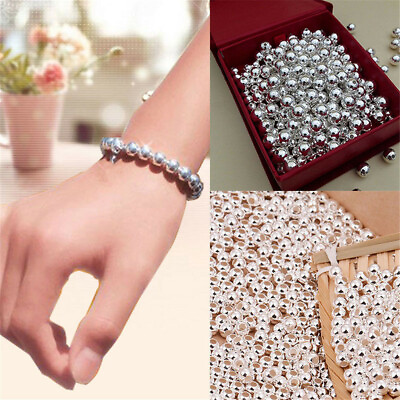 #ad 100X Genuine 925 Sterling Silver Round Ball Beads Jewelry Making Findings DIY $1.49