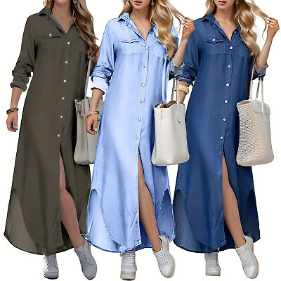 #ad #ad Women Summer Fashion Button Shirt Dress Solid Blouse Casual Long Sleeve Dress $14.71