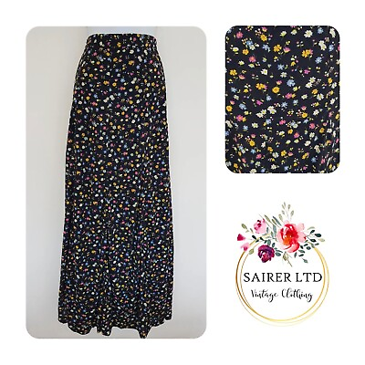 Vintage Skirt Size 8 Colourful Ditsy Floral Black Long Maxi Tall Brushed Soft GBP 24.99