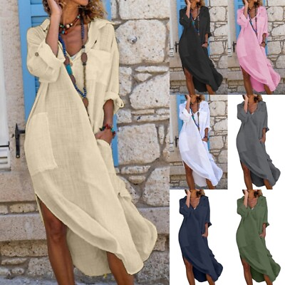 #ad Ladies Summer Midi Dress V Neck Shirt Dresses Women Boho Beach Long Sleeve $26.43