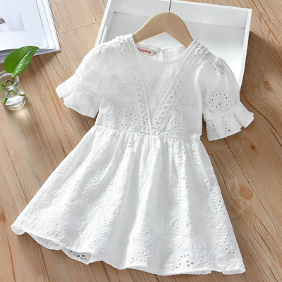 #ad Casual Fashion Clothes Summer Girls Dress Short Sleeve Hollowed Out Cotton White $15.80