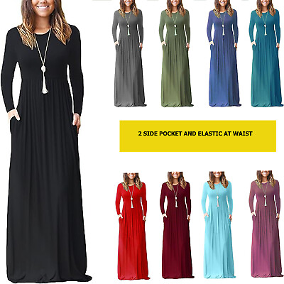 #ad WOMEN#x27;S CASUAL LONG SLEEVE MAXI DRESS LOOSE LONG DRESSES WITH POCKETS GBP 12.99