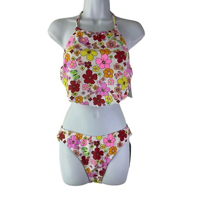 #ad California Waves Flower Flutter Halter 2 Piece Bikini Swimsuit Set Junior Size M $18.99