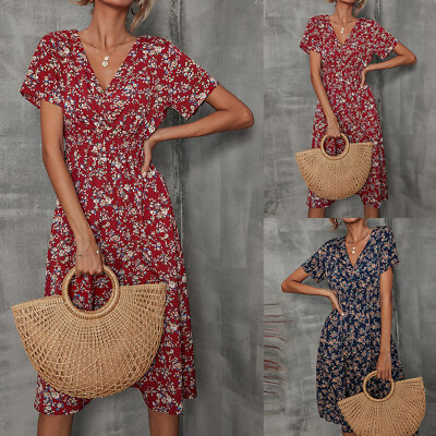 #ad Boho Womens Short Sleeve V Neck Midi Dress Ladies Beach Holiday Floral Sundress $12.50