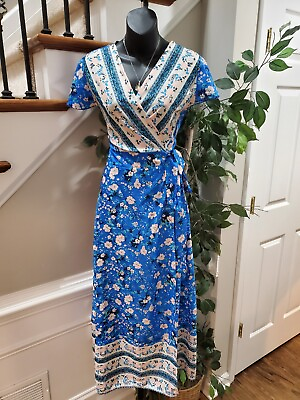 #ad Womens Multi Floral Cotton Wrap V Neck Casual Short Sleeve Long Maxi Dress M $28.00