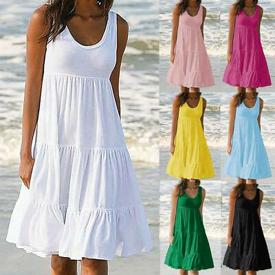 #ad Women Holiday Summer Sleeveless Party Beach Loose Short Dress Sundress Plus Size $15.03