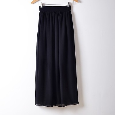 BLACK Women Double Layer Chiffon Pleated Long Maxi Dress Elastic Waist Skirt $14.88