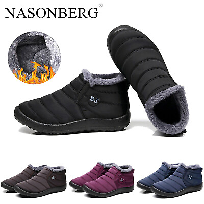 Mens Waterproof Womens Winter Snow Ankle Boots Fur Lined Slip On Outdoor Shoes $23.99