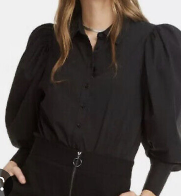 Danielle Bernstein Puff Sleeve Bodysuit XL Womens Black Button Front Shirt New $19.00