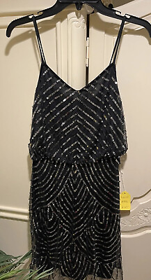 #ad NWT Mini Cocktail Party Dress Silver Sequin And Black Vneck Spaghetti Strap $40.00