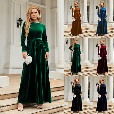 #ad Women#x27;s Elegant Velvet Long Sleeve Maxi Dress Fashion Winter Party Long Dress $25.65
