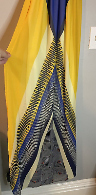 #ad Blue Yellow Halter Tie Back Dress Maxi BOLD Chiffon Summer Lightweight Medium $21.99