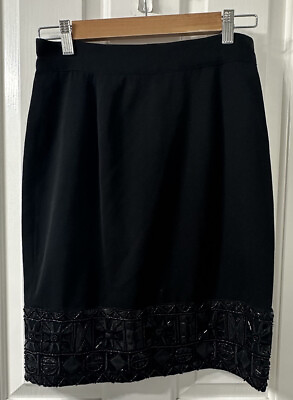 #ad Vintage EREZ Black Wool Pencil Skirt Long with Back Slit Size 8 Beaded Leather $38.99