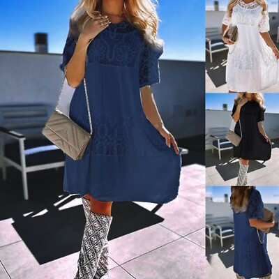 #ad Women#x27;s Lace A line Party Dress Short Sleeve Summer Holiday Beach Mini Dresses $27.39