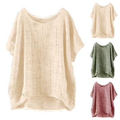 #ad Women Cotton Linen Short Sleeve T Shirt Blouse Casual Loose Tunic Tops Plus Size $12.99