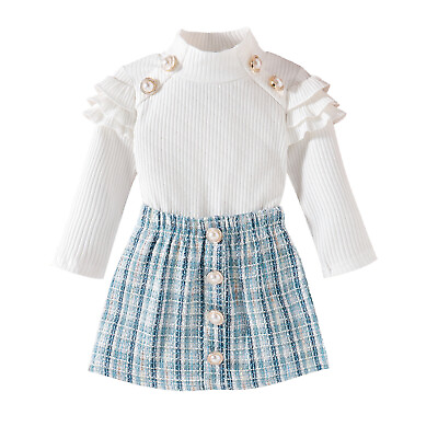 #ad Kid Girls Skirt Set Elegant Ruffle Trim Long Sleeves Button Knit Top Plaid Skirt $16.99