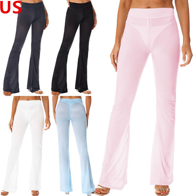 #ad Women#x27;s See through Mesh High Waist Sheer Wide Leg Pants Zipper Bikini Cover Up $12.41