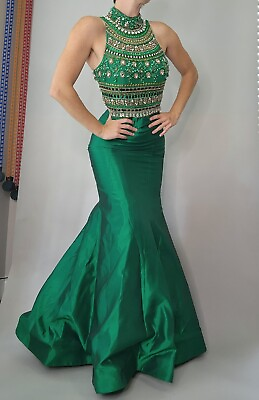 Sherri Hill Formal Gown Long Sleeveless Prom Dress Emerald Green Beaded sz S $74.99