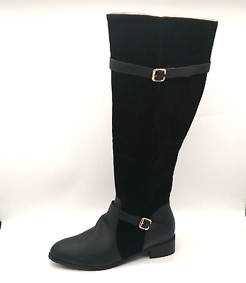 #ad Womens Boots Black Faux Suede Knee High Riding Side Zip Buckle Accent EUR 41 NEW $24.99