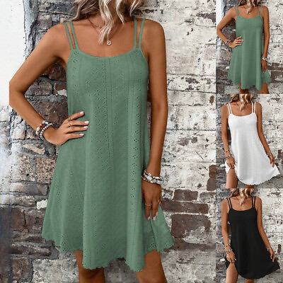#ad Women Summer Strap A line Dress Ladies Sleeveless Beach Mini Sundress Hollow $19.99