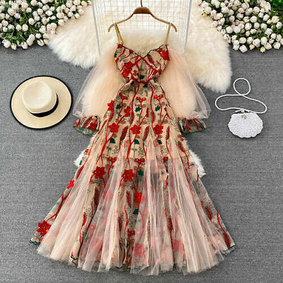 #ad Fashion Embroidery Floral Mesh Fairy Dress Elegant Women Party Dresses Long Robe $99.43