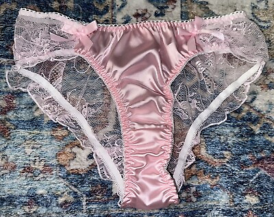 #ad Glossy Smooth Butter Satin amp; Sheer Lace Bikini Panties Sissy Silky Pink L NEW $19.76