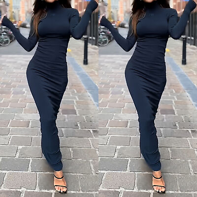 #ad #ad New Stylish Women O Neck Long Sleeves Solid color Bodycon Club Party Long Dress $15.99