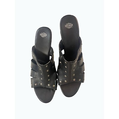 #ad Harley Davidson Black Leather Heeled Slide On Studded Sandals 8.5 $36.00