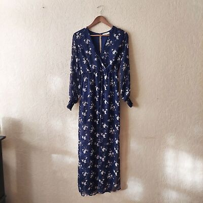 #ad Lush Blue Floral Maxi Dress With Slit Sheer Sleeves Sz Small $7.99